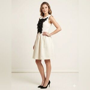 Kensie Dress Size 12 Cream Textured Black Ruffle Bib Collar A-Line Sleeveless